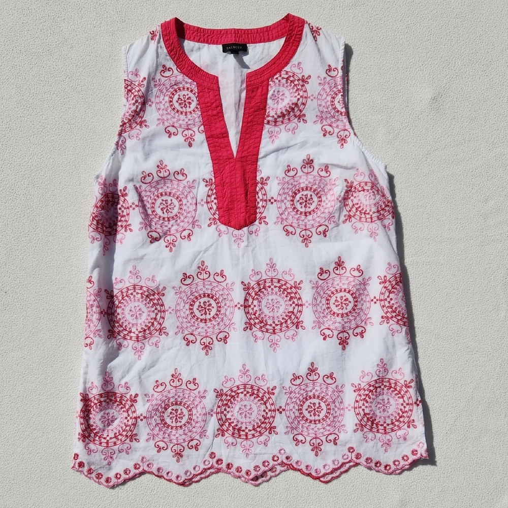 Talbots White & Pink Embroidered Sleeveless Eyelet Hem Tunic Top Sz S